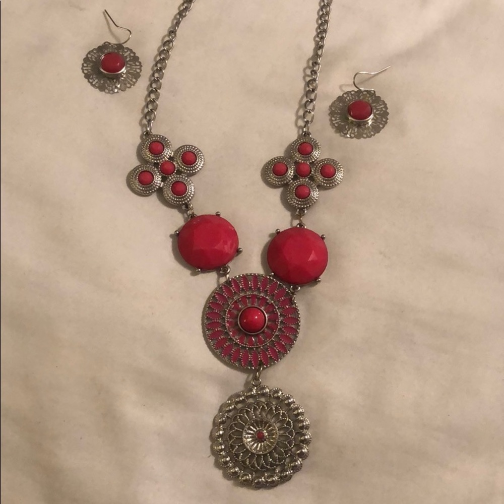 Pink and Silvertone Necklace and Earring Set